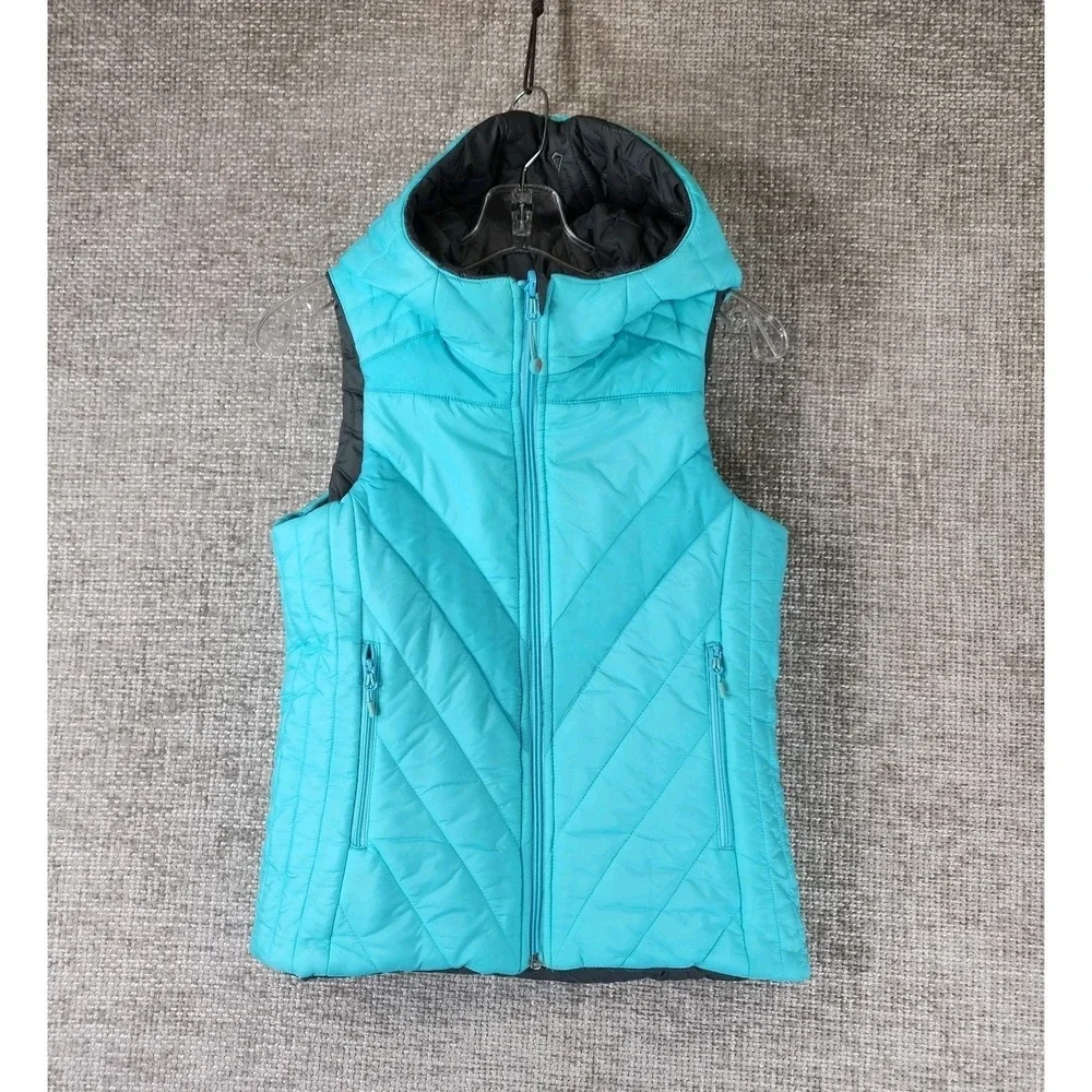 Ivivva by Lululemon Reversible‎ Hooded Puffer Vest Girls 14 Aqua Gray Quilted